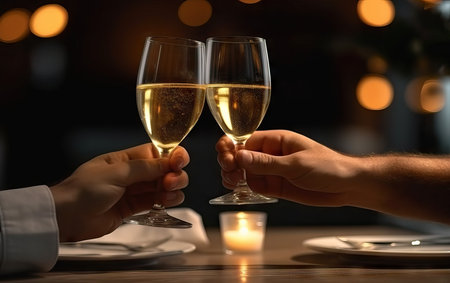 Two hands holding champagne glasses on the colorful background. A couple in love drinks champagneの素材