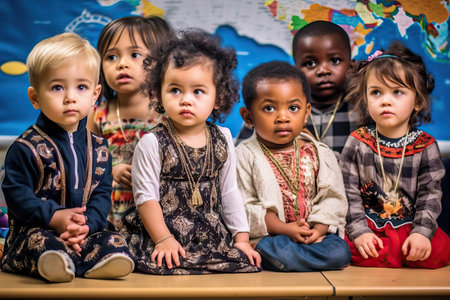group of happy kids paying attention to the teacher in school, toddler first school day, multi ethnic groupの素材