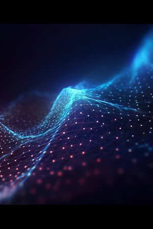 Futuristic data stream 3d illustration. Data transfer technology. Wave of dots and weave lines. Abstract background.の素材