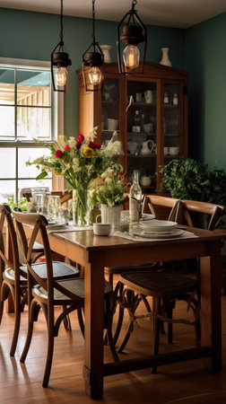 A colorful and eclectic living room with a dining table, inspired by mid-century modern design, dreamy warm styleの素材