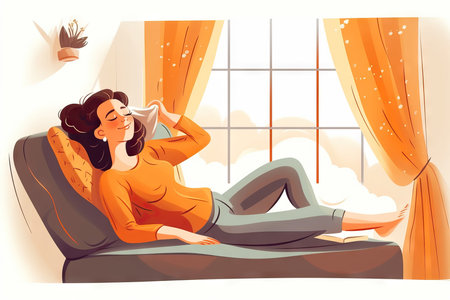 Happy woman relaxing on the sofa at home - Smiling girl enjoying day off lying on the couch, Healthy life style, good vibes people and new home conceptの素材