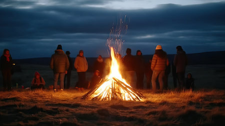 Bonfire with blurred people having fun, festival day, summer camp concept, night party, friends having fun,の素材