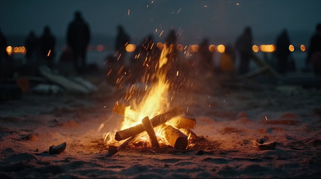 Bonfire with blurred people having fun, festival day, summer camp concept, night party, friends having fun,の素材