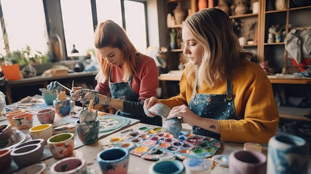 Group of people painting clay. Hobbie activity indoors, painting watercolor. Close up hands during a class. Adult people learning skillsの素材