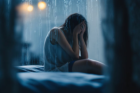Blurred depressed woman sitting on bed and holding head in hands, mental health concept, rainy day, look for help.の素材