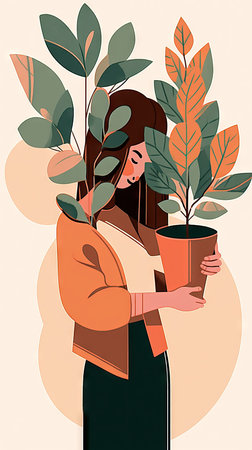 Woman holding a flower pot, boho colors style, minimal design concept. Greenery growing flowers at home, vertical garden style.の素材