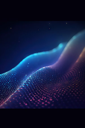 Futuristic data stream 3d illustration. Data transfer technology. Wave of dots and weave lines. Abstract background.の素材