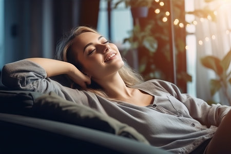 Happy woman relaxing on the sofa at home - Smiling girl enjoying day off lying on the couch, Healthy life style, good vibes people and new home conceptの素材