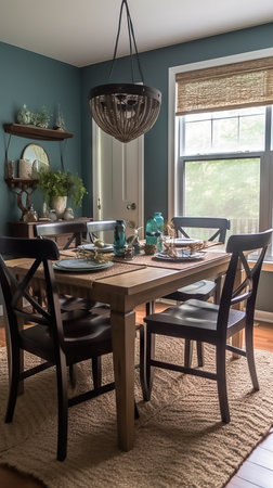 A colorful and eclectic living room with a dining table, inspired by mid-century modern design, dreamy warm styleの素材