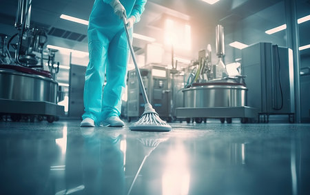 Cleaning and disinfecting a medical clinic concept, blue close up mop image.の素材