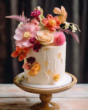 White and pink wedding cake with flowers and blueberriesの素材