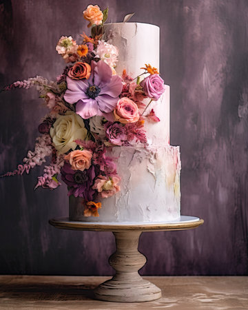 White and pink wedding cake with flowers and blueberriesの素材