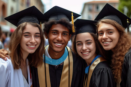 Portrait of a group of students graduation day.Students, hands up or graduation success with diploma paper.smile or happy graduate friendsの素材