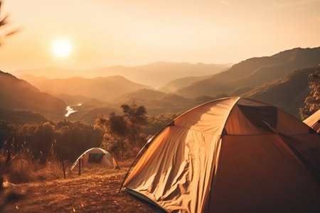 Beautiful mountain view in sunset time at camping vacation holiday thought tent, defocused bokeh, flareの素材