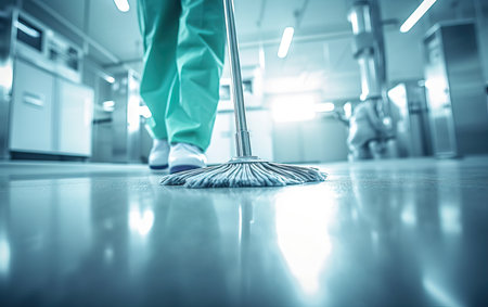 Close up cleaning staff cleans the floor of an operating room with a mop.の素材