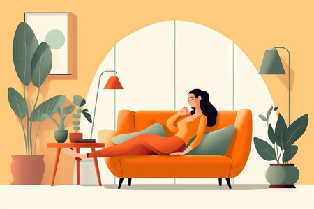 Happy woman relaxing on the sofa at home - Smiling girl enjoying day off lying on the couch, Healthy life style, good vibes people and new home conceptの素材