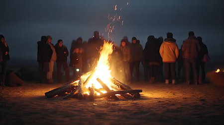 Bonfire with blurred people having fun, festival day, summer camp concept, night party, friends having fun,の素材