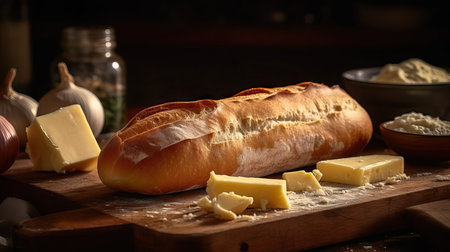 fresh baked French baguette, stick of butter, and garlic arranged artfully on a wooden butcher's block counterの素材