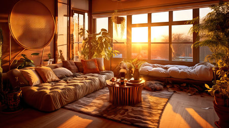 Golden hour, earthy colors, amazing feng shui, cozy room, interior design concept,の素材
