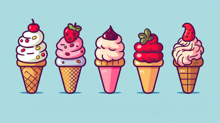 Colorful row of ice cream cones in kid cartoon draw style, on a vibrant color backgroundの素材