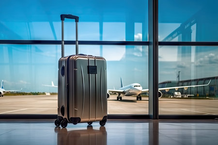 case luggage inside an airport in the foreground through a big glass window with copy space, travel holiday conceptの素材