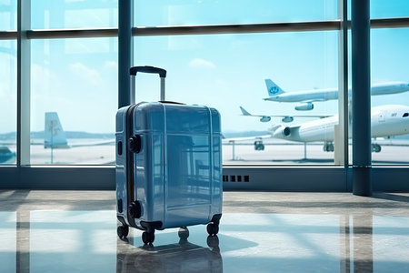 case luggage inside an airport in the foreground through a big glass window with copy space, travel holiday conceptの素材