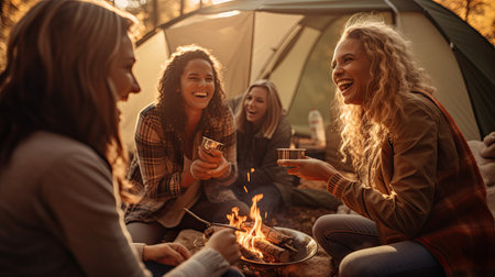 Diverse group of young female friends talking together while a doing a campfire. Bonding togetherの素材