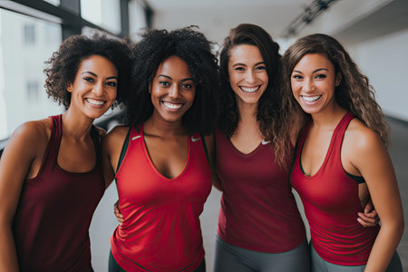 Diverse group of 40yo woman training together in the street, smiling portrait to camera.Healthy lifeの素材