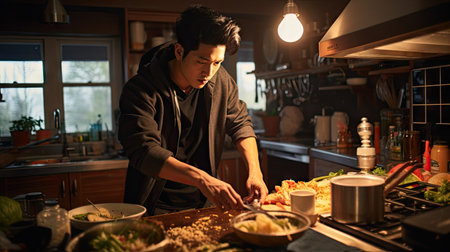 Young asian man cooking at his home, asian cuisine, young man living alone, new hobbyの素材