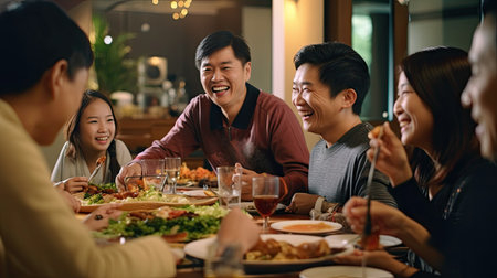 Big asian family dinner table , eating together,christmas and thanksgiving concept.New year chineseの素材