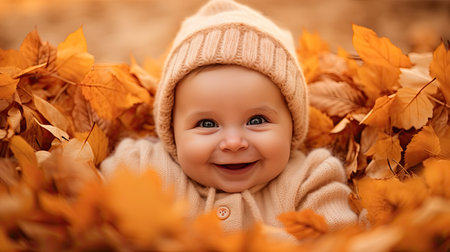 Baby in autumn leaves happy smiling to camera, kids during fall weatherの素材