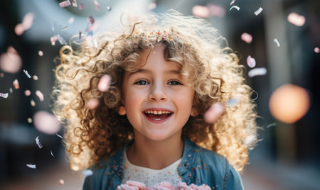 Child blowing out the candles on a birthday cake, happy kid laughing smiling to cameraの素材
