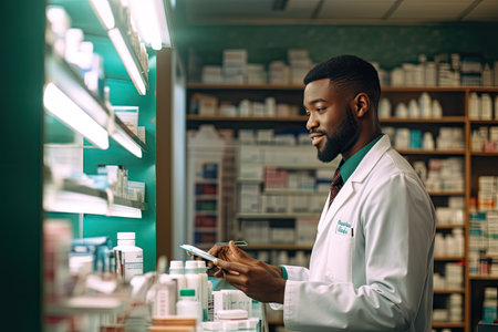 Pharmacist looking for medicine in medical storage with pills.Black man, doctor or healthcare expertの素材