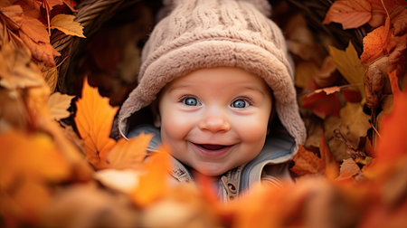 Baby in autumn leaves happy smiling to camera, kids during fall weatherの素材
