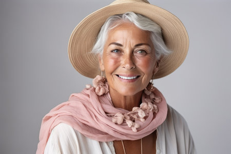 Handsome white hair woman smiling happy in studio smiling camera, trendy clothes fashion concept.の素材