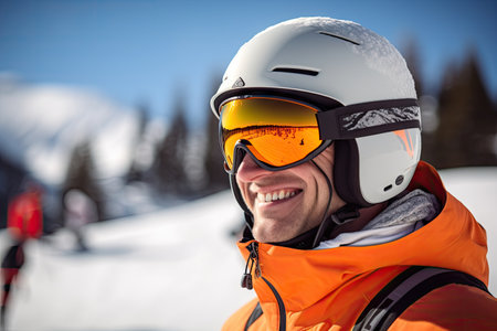Portrait of man at the ski resort on the background of mountains and skyの素材