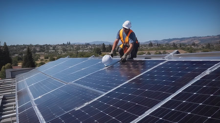 Professional worker installing solar panels, Solar panel technician with drillの素材