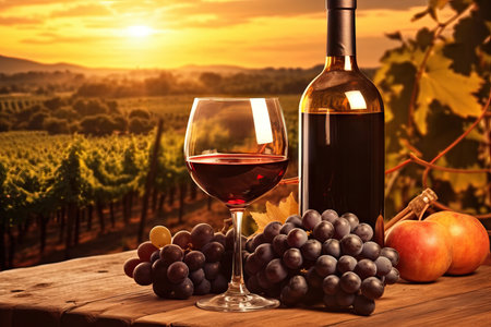 Wine still life against vineyard during a sunset,Vineyard in autumn harvestの素材