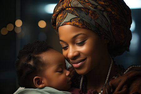 African woman holding young child, close up portrait, new motherhood conceptの素材