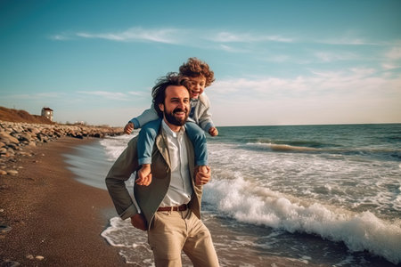 Happy father and son enjoying time at beach during family vacation. Boys having fun together.の素材
