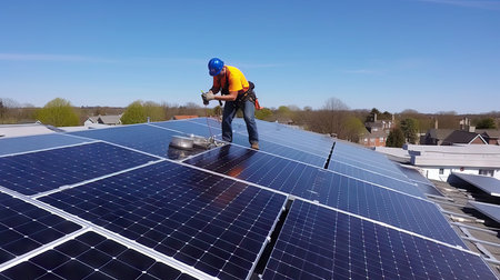Professional worker installing solar panels, Solar panel technician with drillの素材