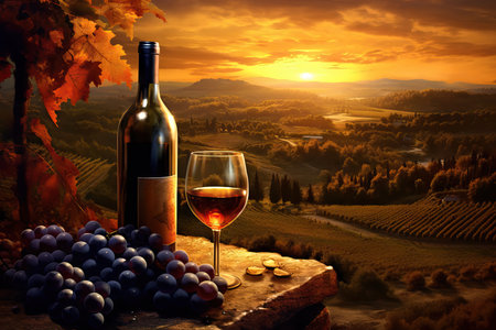 Wine still life against vineyard during a sunset,Vineyard in autumn harvestの素材