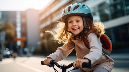 A young girl with a helmet, confidently pedaling her bike down the streetの素材