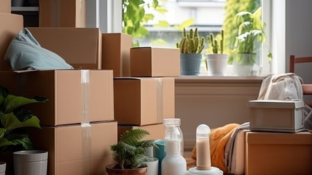 Moving home boxes and potted plants arranged in front of a window, buying a new home conceptの素材