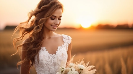 golden sunlight, a joyful bride, just married and full of happiness, thanks us with her radiant smileの素材