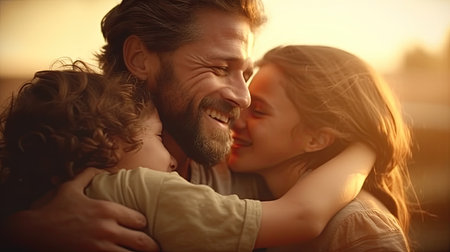 man and woman share a heartfelt embrace with their child, creating a tender family sceneの素材