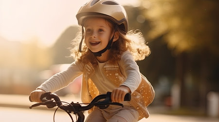 A little girl wearing protective headgear, happily cycling on her bike.の素材