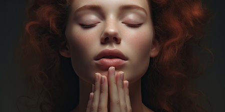 Woman enjoying a moment of relaxation, hands gently covering her closed eyes, skincare routine.の素材