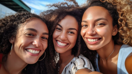 Lively selfie of a diverse group of friends, smiling and posing together, capturing their joyful bondの素材