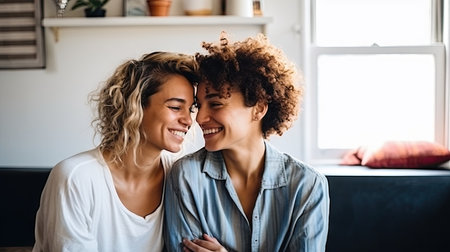 Two joyful women, a lesbian couple, share a lighthearted moment, laughing togetherの素材
